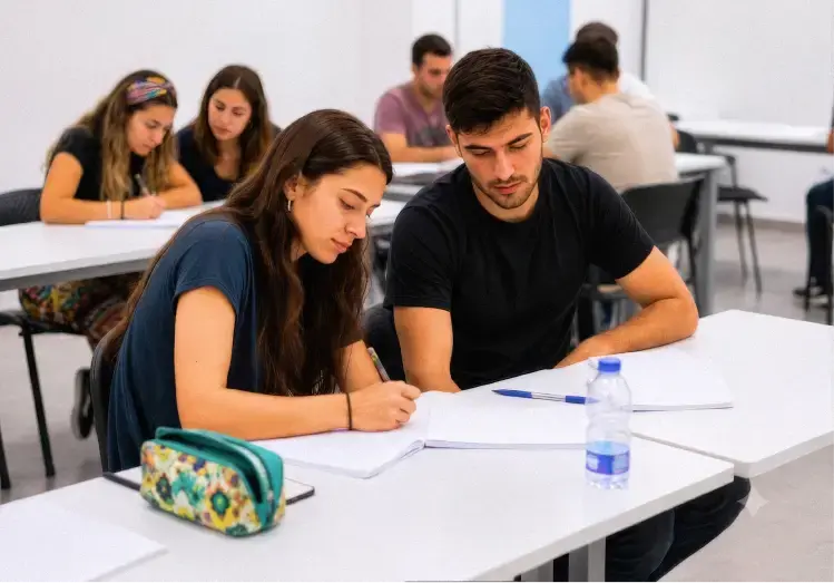 סטודנטים עוברים יחד על סיכומים בכיתה